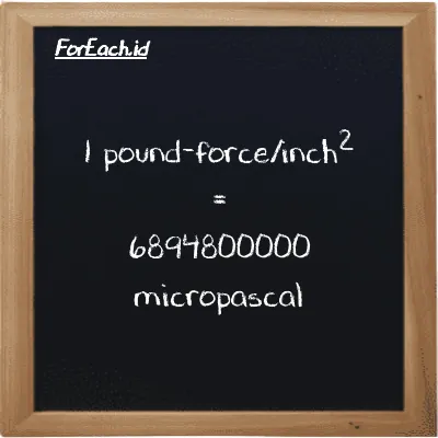 1 pound-force/inch<sup>2</sup> is equivalent to 6894800000 micropascal (1 lbf/in<sup>2</sup> is equivalent to 6894800000 µPa)